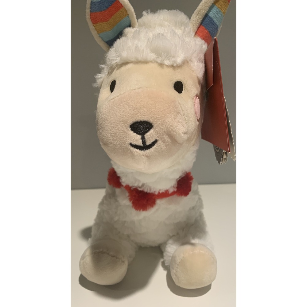 FAO Schwarz Llama Alpaca Plush Furry White Laying W Rainbow Blanket & Papers NWT